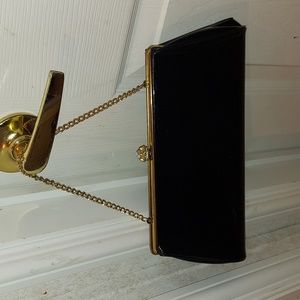 Francine Black Shiny Patent Faux Leather Clutch Evening Handbag.